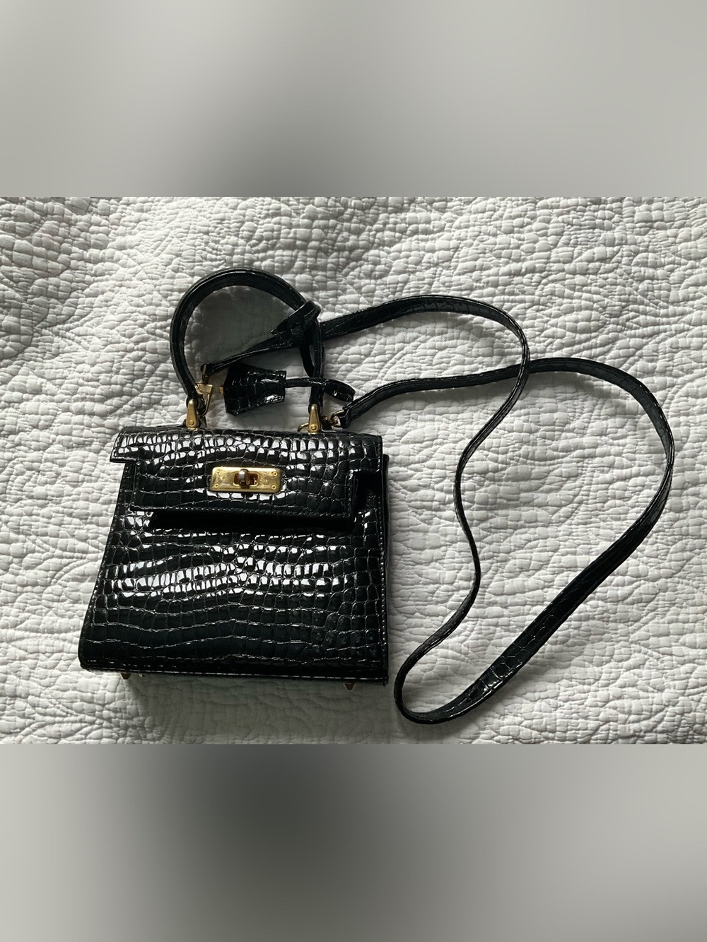Black Croc-Embossed Leather Crossbody Bag with Gold Hardware